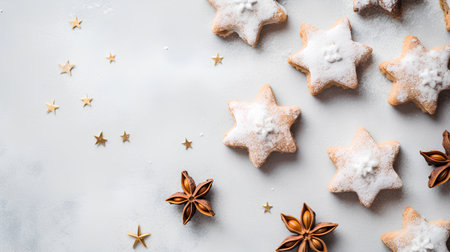 Christmas star cookies with sugar powder and star anise on white backgroundの素材
