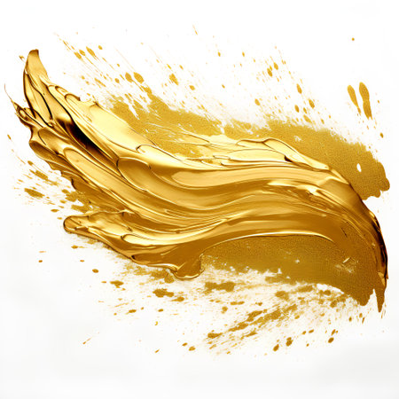 3d rendering of oil splash isolated on white background. Golden paint splash.の素材