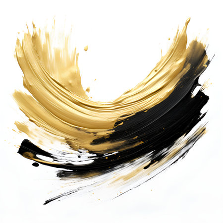 Black and gold paint brush strokes isolated on white background. Abstract grunge backgroundの素材
