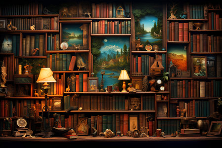 Old bookshelf in the library. Collage. 3d renderingの素材