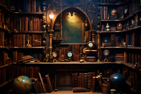 Vintage bookshelf with old books and lamps. 3d renderingの素材