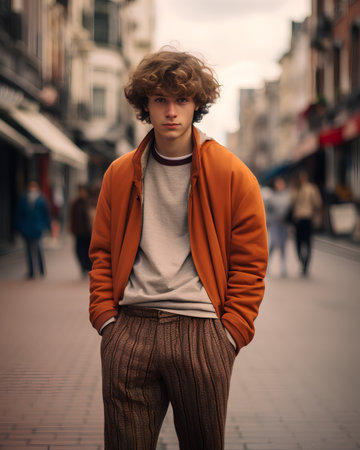 Portrait of a handsome young man with curly hair in an urban contextの素材