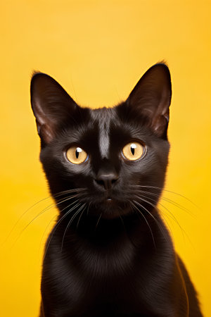 Portrait of a black cat with yellow eyes on a yellow backgroundの素材