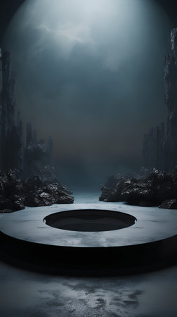 abstract scene in the dark with a round podium and some rocksの素材