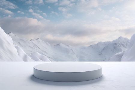 White round podium on the background of snowy mountains. 3d renderingの素材