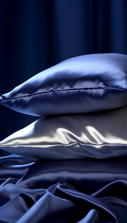 3d rendering of some soft pillows on a blue satin backgroundの素材