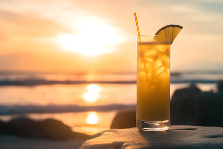 Cocktail glass with ice and lemon on the beach at sunsetの素材