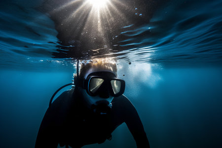 Scuba diver in deep blue sea. Underwater photo of a diver.の素材