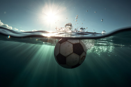 Soccer ball in water with splash and sunlight effect. Mixed mediaの素材