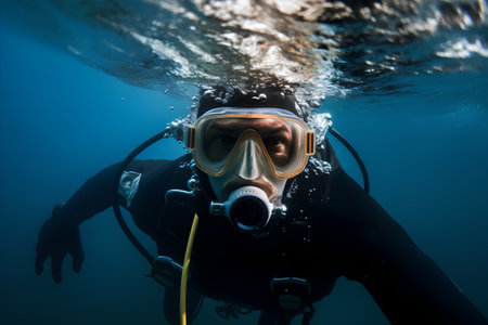 Scuba diver with a mask and fins in deep blue water.の素材