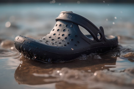 Rubber slippers on the wet sand in the rain. Shallow depth of fieldの素材