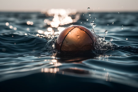 Basketball ball in water with splashes of water and sunlight.の素材