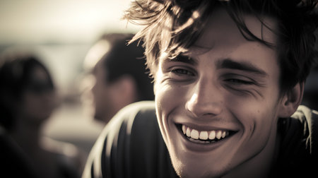 Portrait of a young man smiling at the camera on the beachの素材