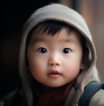 Portrait of a cute asian child wearing a hat and scarfの素材