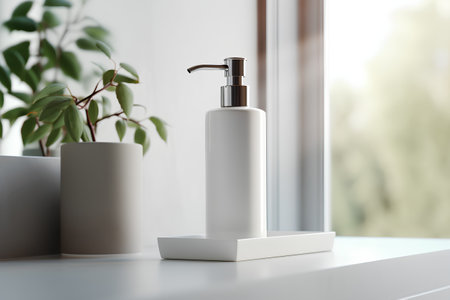 Blank white cosmetic bottle mockup standing on a white table. 3d renderingの素材