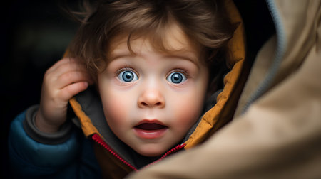 Portrait of a little boy with blue eyes in a raincoatの素材