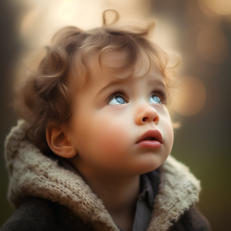 Portrait of a cute little boy with curly hair and blue eyes.の素材