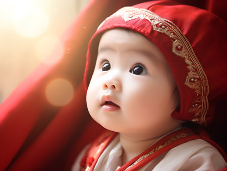 Cute asian baby boy in red cloth with light bokeh backgroundの素材