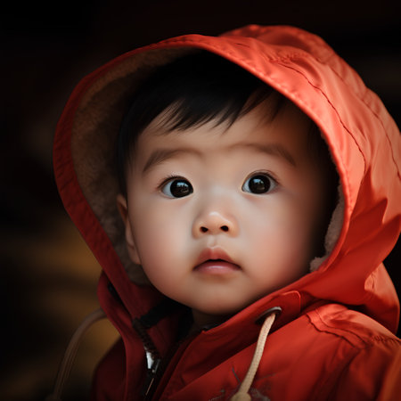 Portrait of cute asian baby boy in red raincoat.の素材