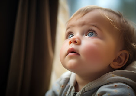 Portrait of a cute baby boy looking up at the window.の素材