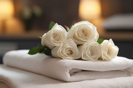 White roses on a stack of towels in the hotel room. Spa concept.の素材