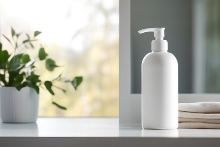 Cosmetic bottle with dispenser and towel. 3d rendering.の素材