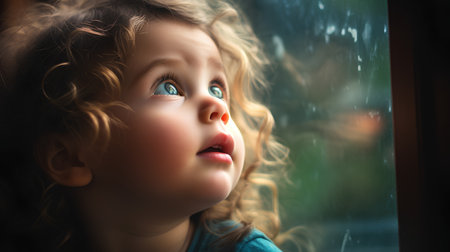 Portrait of a beautiful little girl with curly hair looking out the windowの素材