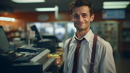 Portrait of smiling young businessman standing at cash desk in office.の素材