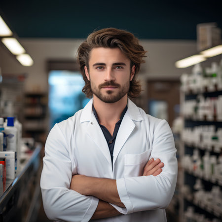 Portrait of a handsome male pharmacist standing with arms crossed in a drugstoreの素材