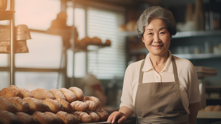 Portrait of happy senior asian woman holding fresh bread in bakery shopの素材
