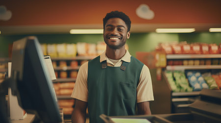 Smiling african american cashier standing in a supermarket.の素材