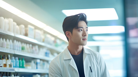 portrait of young asian male pharmacist standing in drugstoreの素材