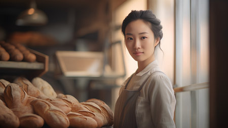 Portrait of a beautiful young asian woman in a bakery.の素材