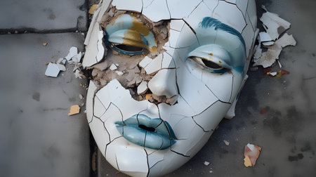 Masks with the face of a woman in the form of a broken wallの素材