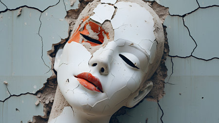 White mannequin head in a cracked wall. 3d renderingの素材