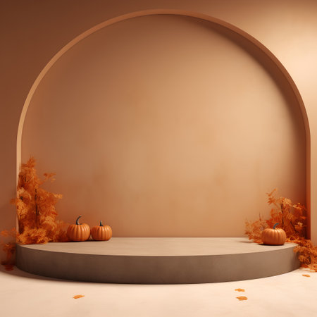 3d render of podium for product display with autumn leaves and pumpkinsの素材