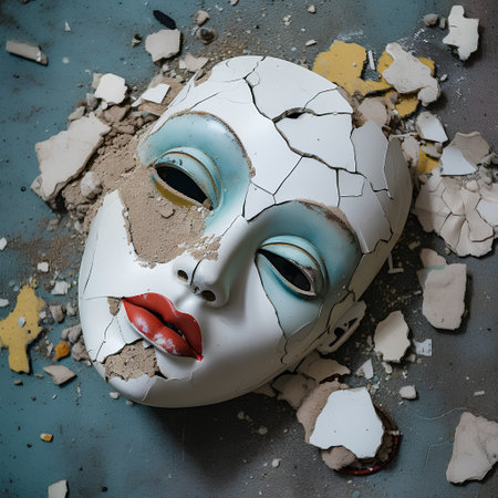 White mask with red lips and blue eyes on a concrete background.の素材