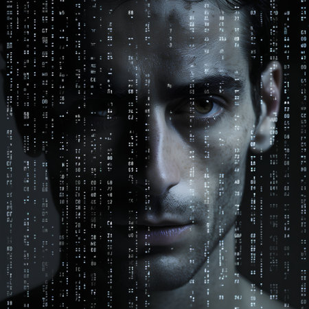 Portrait of a hacker with binary code on his face. Dark background.の素材