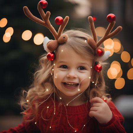 Cute little girl in red sweater with reindeer antlers on her head. Christmas time.の素材