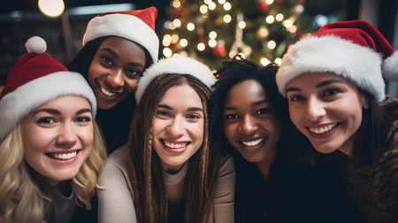 Group of multiethnic women in Santa hats looking at camera and smilingの素材