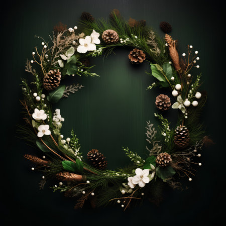 Christmas wreath on a dark green background. Place for your text.の素材
