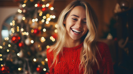 Smiling young woman in red sweater with christmas tree in backgroundの素材
