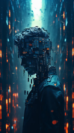 3d rendering of cyborg head with circuit board on abstract backgroundの素材