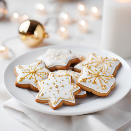 Christmas cookies in the form of stars and snowflakes on a white plateの素材