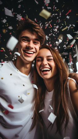 Beautiful young couple celebrating New Year at home with confetti.の素材