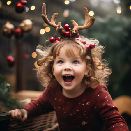 Portrait of a cute little girl in deer horns on Christmas backgroundの素材