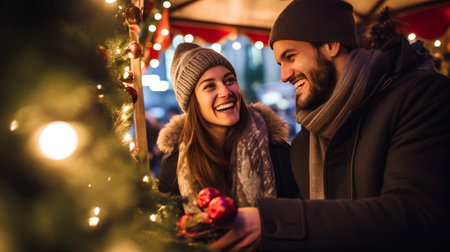 Young couple buying christmas gifts at the Christmas market. Focus on womanの素材