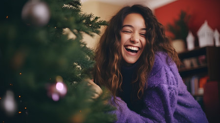 Happy young woman in a purple sweater decorating Christmas tree at homeの素材