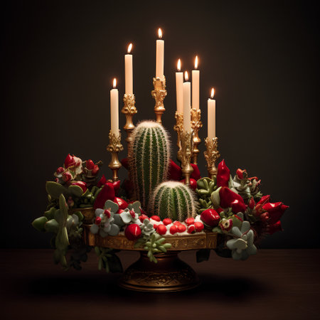 Beautiful cactuses and succulents with candles on dark backgroundの素材
