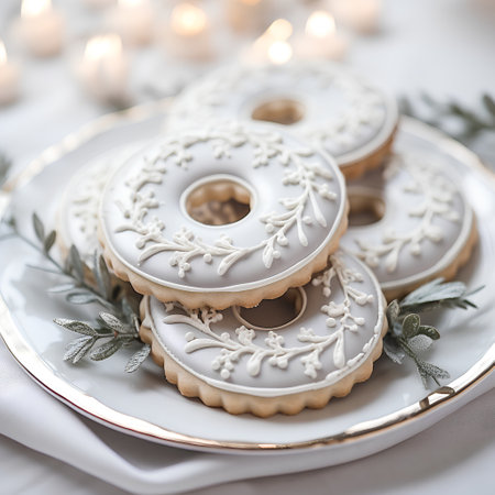 Christmas cookies with white frosting on a white plate with burning candlesの素材